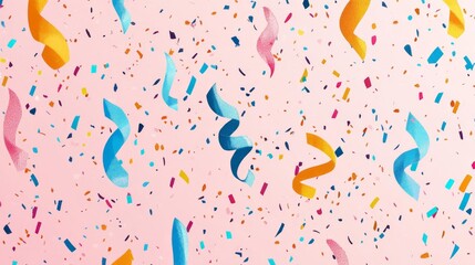Colorful Confetti and Ribbons Scattered on a Pink Background