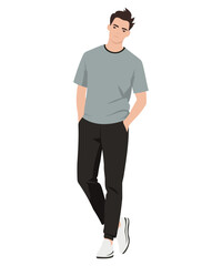 Vector illustration. A man in a light gray T-shirt and dark trousers. The image is discreet and stylish, ideal for everyday wear in a calm environment.
