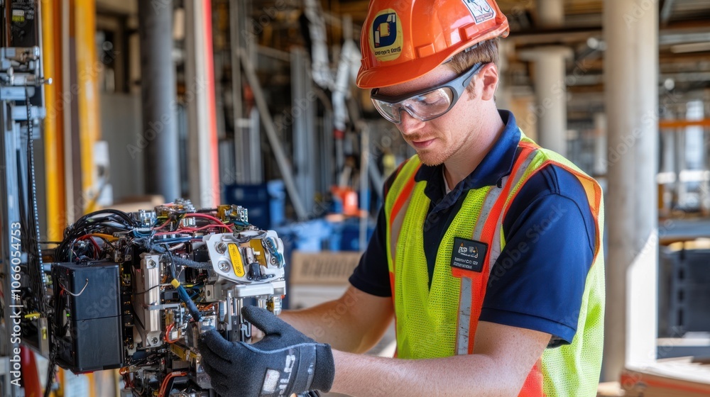 Poster Construction Worker Adjusting a Complex Machine with Wires and Components