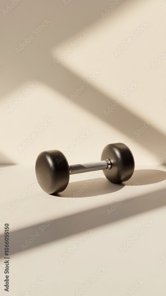 Poster Black dumbbell casting a distinct shadow on a beige surface under soft, diffused lighting, creating a visually appealing contrast and highlighting the textures and forms of the fitness equipment