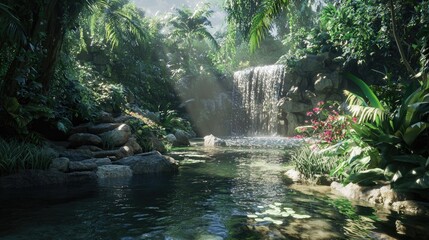 Lush Tropical Rainforest with Waterfall and Stream