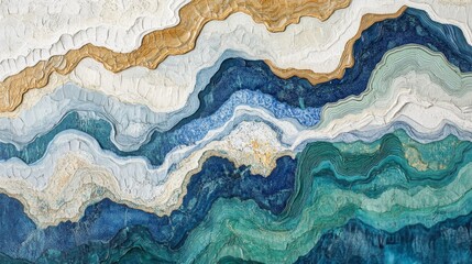 Obraz premium Abstract Textured Painting of Layered Blue, Green, and White Waves