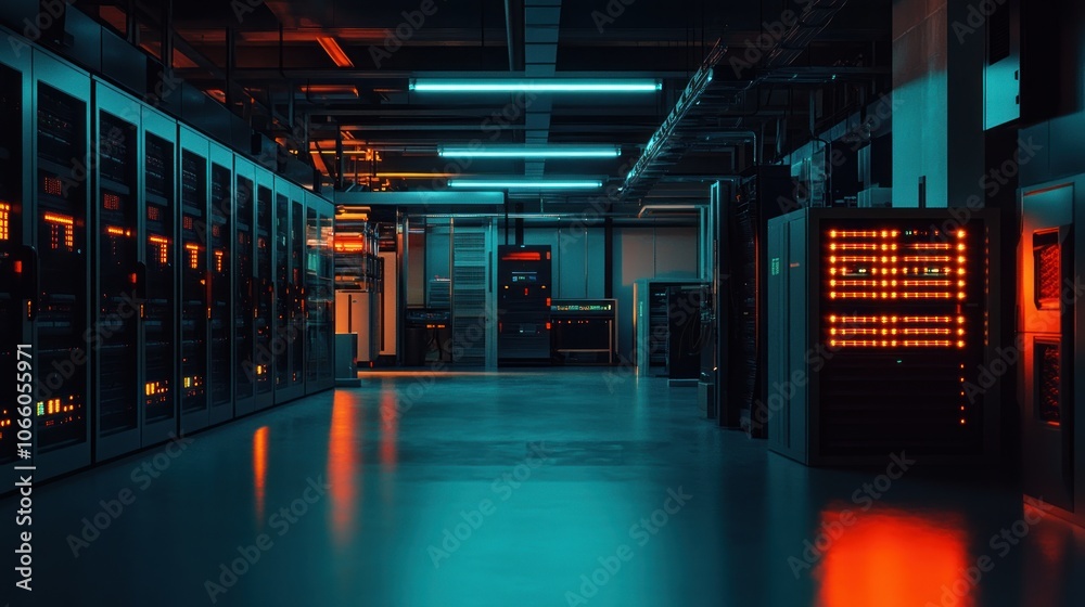 Aufkleber Server Racks in a Dark Data Center Illuminated by Fluorescent and LED Lights