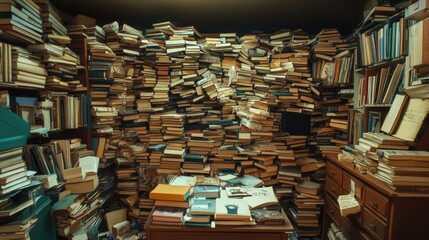 Fototapeta premium A small room overflowing with stacks of books piled high to the ceiling, with barely any floor space left, representing book hoarder disorder.