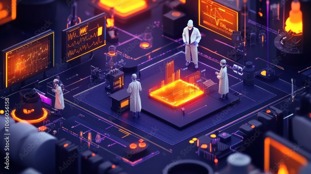 Poster Scientists Working in a Futuristic Lab with Data Visualization
