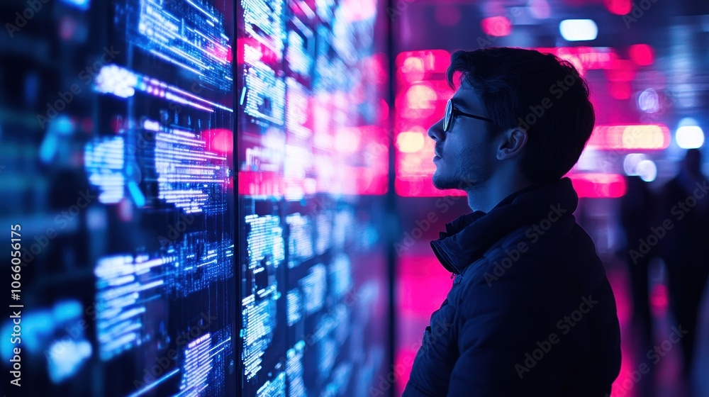 Poster man looking at a wall of digital data in a neon-lit cityscape