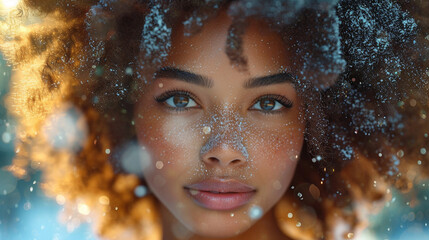 closeup portrait of a beautiful black woman in winter clothes with snow on her face