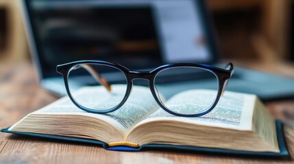 A stylish pair of sleek, black-rimmed glasses resting on an open book with a modern laptop in the background, giving off a cool, intellectual vibe.