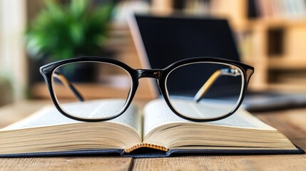 A stylish pair of sleek, black-rimmed glasses resting on an open book with a modern laptop in the background, giving off a cool, intellectual vibe.