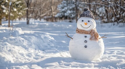 Obraz premium snowman in the snow at a sunrise