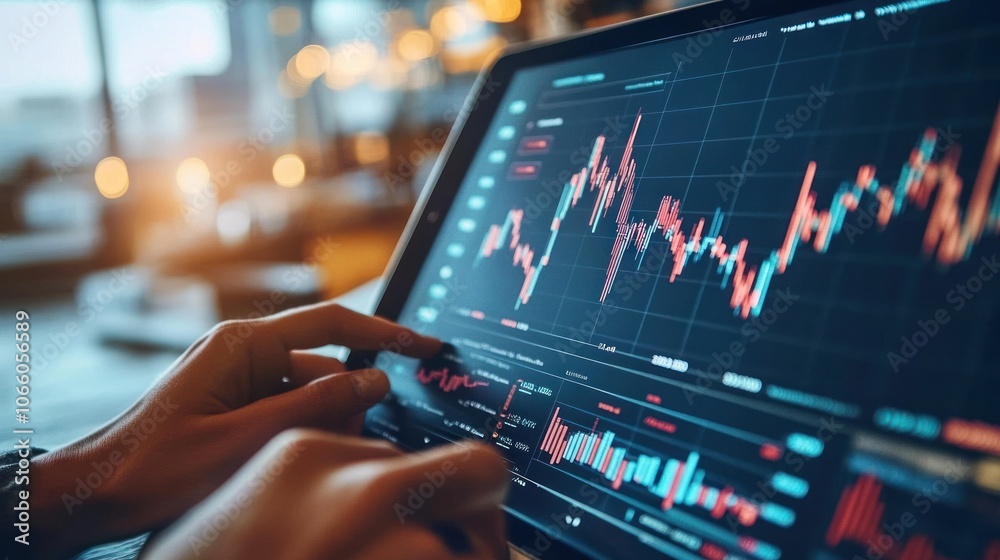 Poster hands interacting with a stock market graph on a tablet