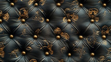 Fototapeta premium Black Leather Upholstery with Gold Floral Design and Buttons