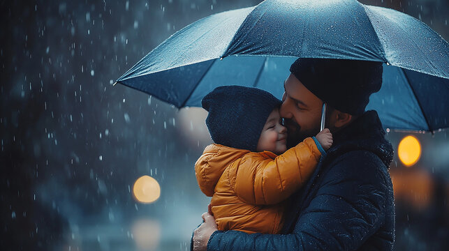 Parent protecting child under umbrella in gentle rain