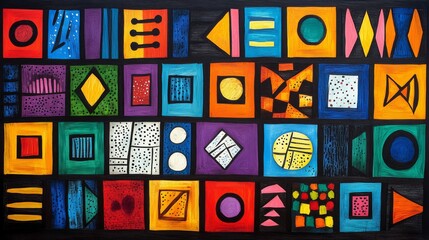 Abstract Geometric Artwork Featuring Colorful Shapes and Patterns