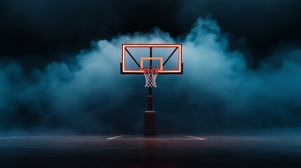 Basketball hoop with neon glow in smoky playfield atmosphere