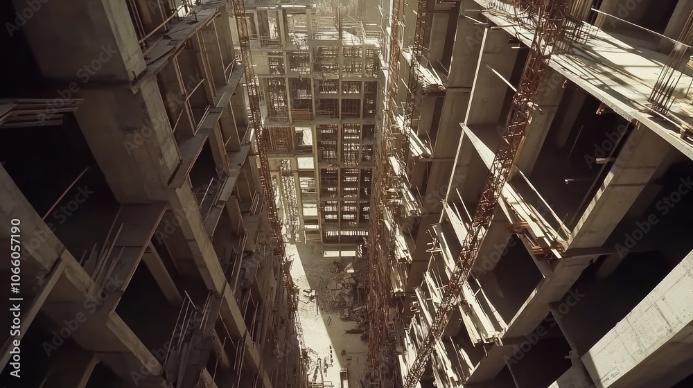 Poster an aerial view of a partially constructed concrete building