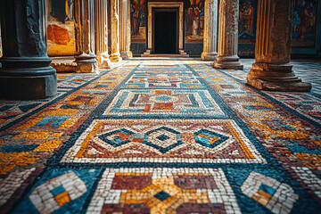 Obraz premium a Roman mosaic floor with geometric patterns and vibrant colors.