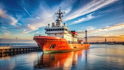 Naklejka premium Offshore supply vessel docked at port , supply boat, harbor, marine, transportation, industry, logistics, offshore, vessel