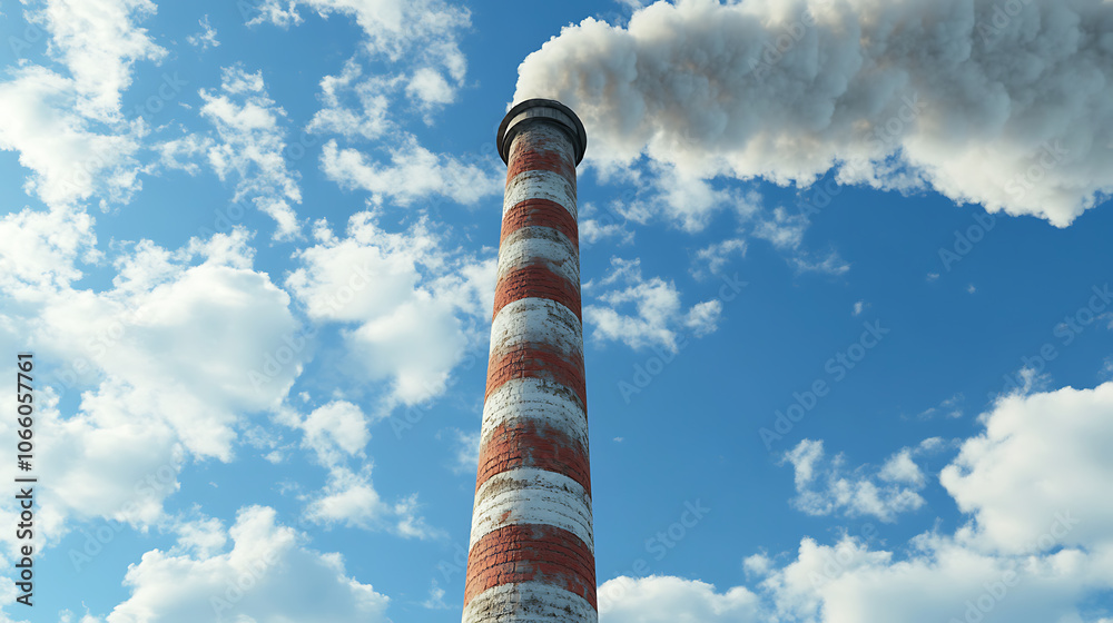 Poster a tall smokestack, with red and white stripes, set against a blue sky with clouds the smokestack app