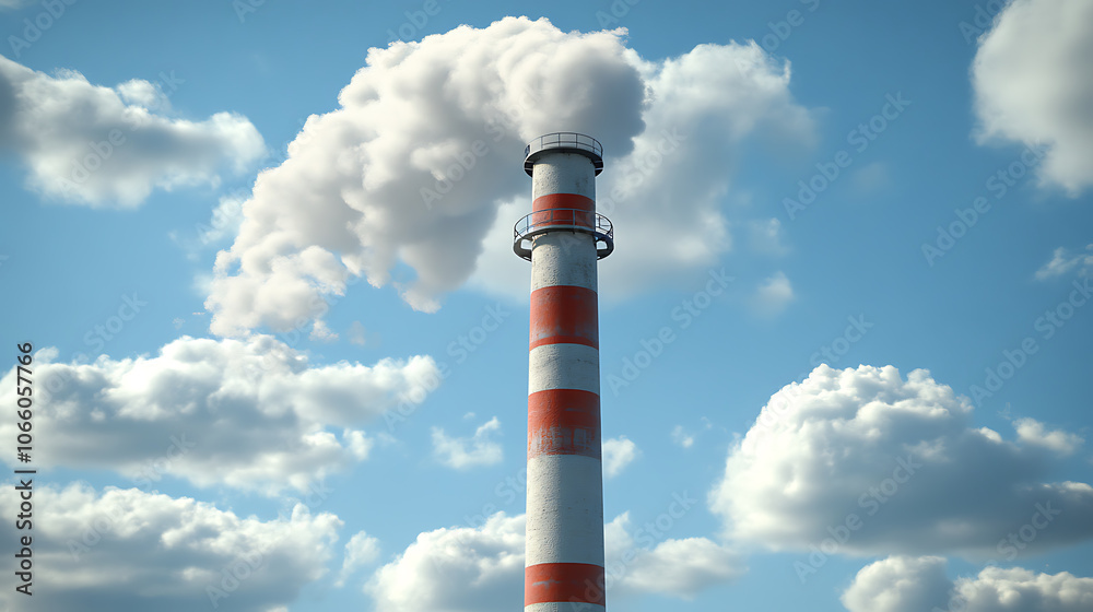 Poster a tall smokestack, with red and white stripes, set against a blue sky with clouds the smokestack app