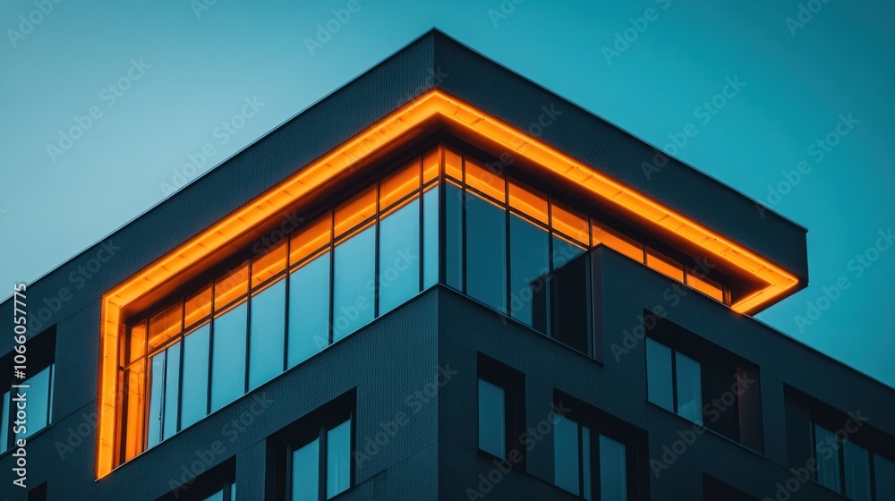 Poster modern building corner with illuminated windows at dusk