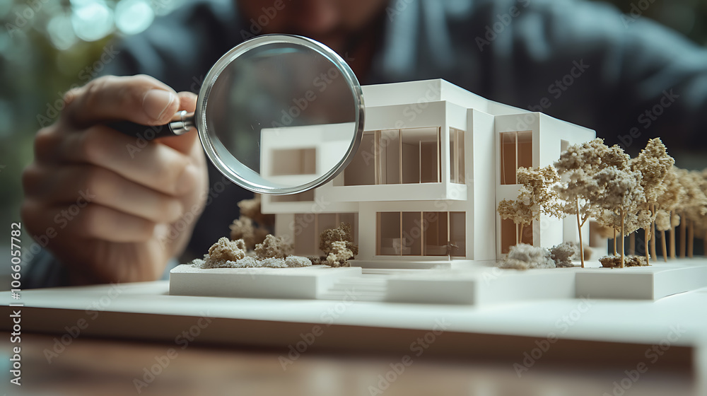 Poster real estate agent using a magnifying glass on a house model on a table, a realtor examining a small-