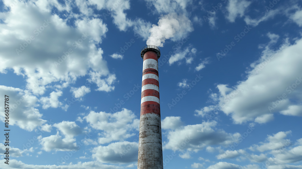 Poster a tall smokestack, with red and white stripes, set against a blue sky with clouds the smokestack app