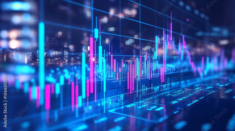 Poster a stock market graph going up, with houses on the bar graph, against a blue background, and an arrow
