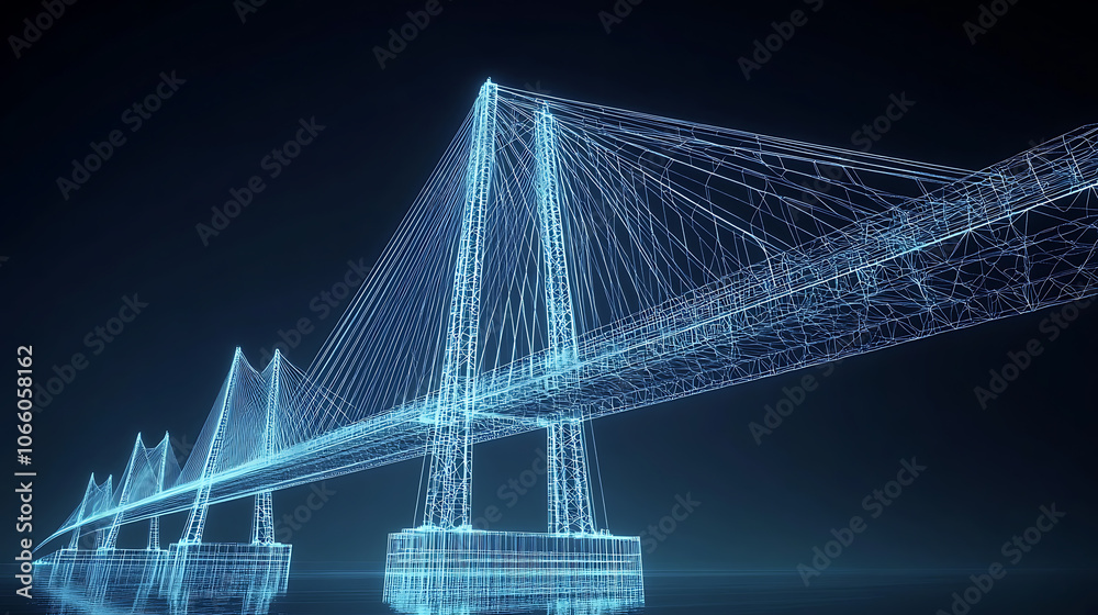 Poster Wireframe blueprint of a modern suspension bridge on blue background