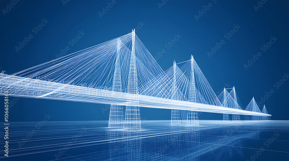 Poster Wireframe blueprint of a modern suspension bridge on blue background