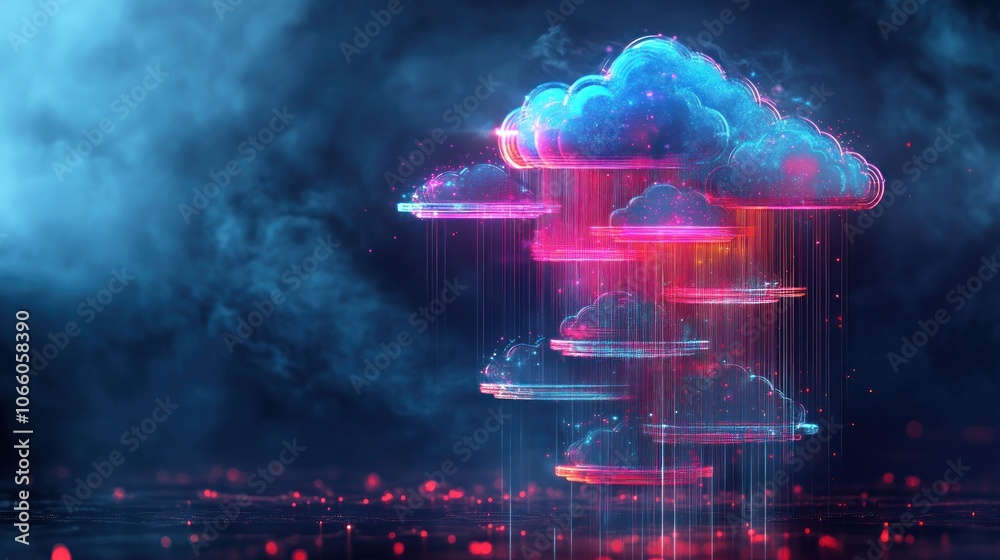 Poster abstract digital cloud with neon lines and red dots