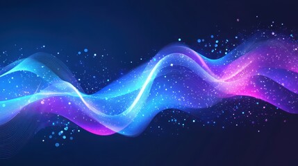 Abstract Blue and Purple Neon Wave with Glowing Particles - Futuristic Background.