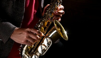 A close up view of a saxophone in the hands of a musician; music photography; a saxophone player is playing the instrument in a band; selective focus; dramatic lighting