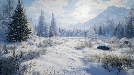 A Snowy Forest Path Leading to Mountains Under a Cloudy Sky