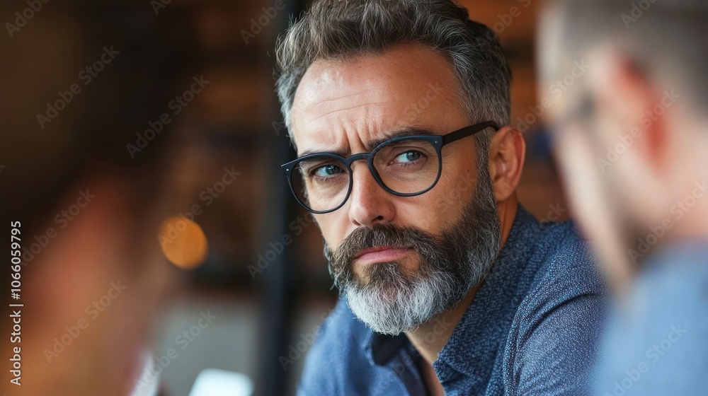 Poster Focused and Serious Man in Conversation