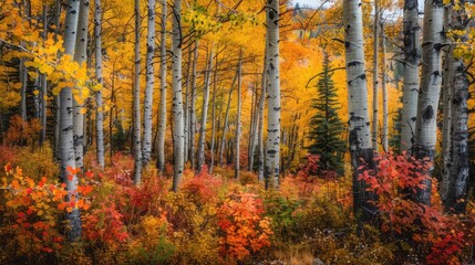 Fototapeta premium Vibrant fall hues in woodland, flat