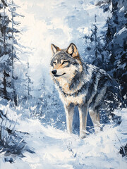 Obraz premium Lone gray wolf standing in a snowy forest - wolf, snow, forest, wildlife, nature, animal, portrait, winter, painting, blue, predator, wild, canid, serene, cold, furry, outdoors, tranquil