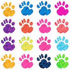 Fototapeta premium Vibrant paw print pattern watercolor digital style, rainbow color animal footprint design, playful clipart pet decor,art,shelter,adoption,cat,veterinary,nursery,room,card,invitation,party,love,dei,