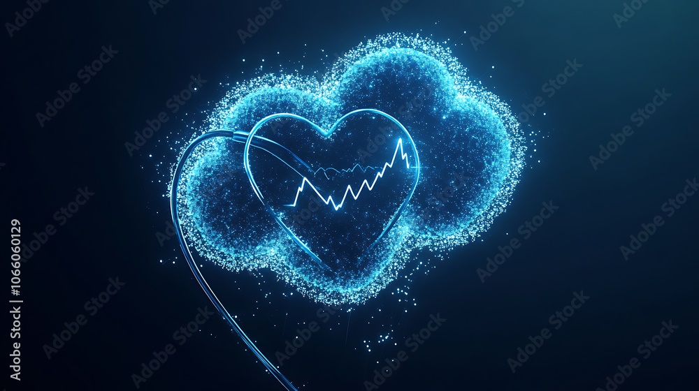 Poster stethoscope and digital cloud with heartbeat graph representing healthcare cloud technology
