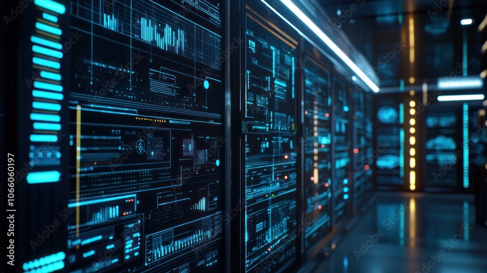 Poster server racks displaying digital information with blue and yellow lighting
