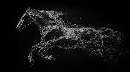 A black and white image of a horse leaping, with the horse's body made up of particles of light.