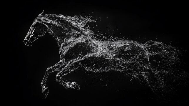 A black and white image of a horse leaping, with the horse's body made up of particles of light.