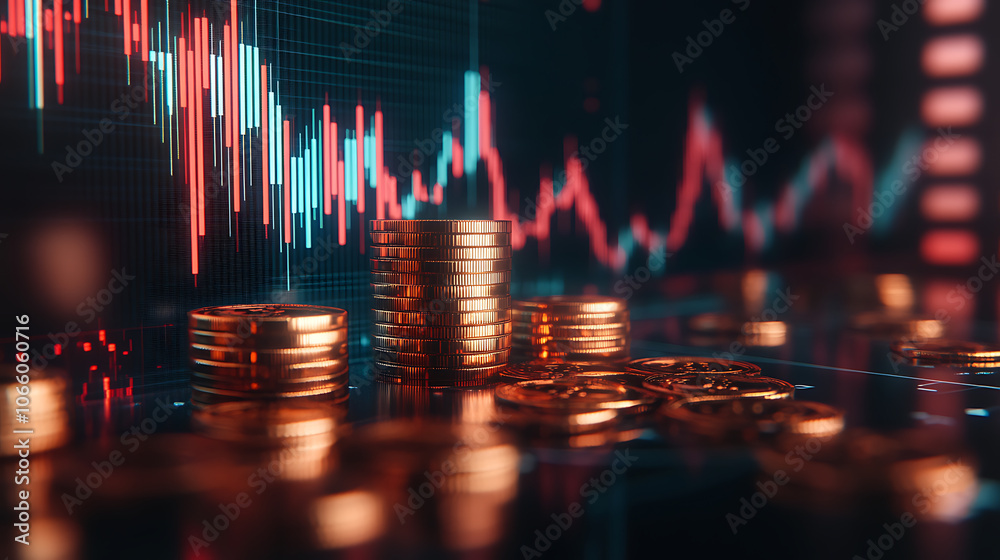 Poster stacks of gold coins with a rising stock chart in the background symbolize the increasing price of g