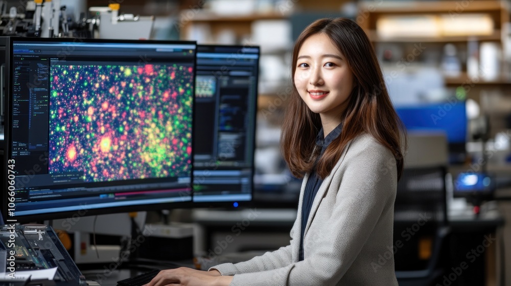 Poster A Young Woman Using a Computer in a Laboratory Setting with Data Visualization Displayed on the Screen