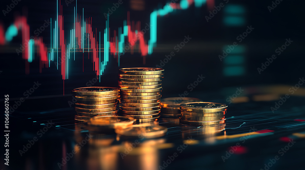 Poster Stacks of gold coins with a rising stock chart in the background symbolize the increasing price of gold