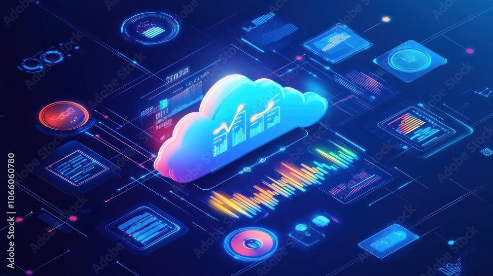 Aufkleber Abstract Cloud Computing Network with Neon Graphics and Data Visualizations