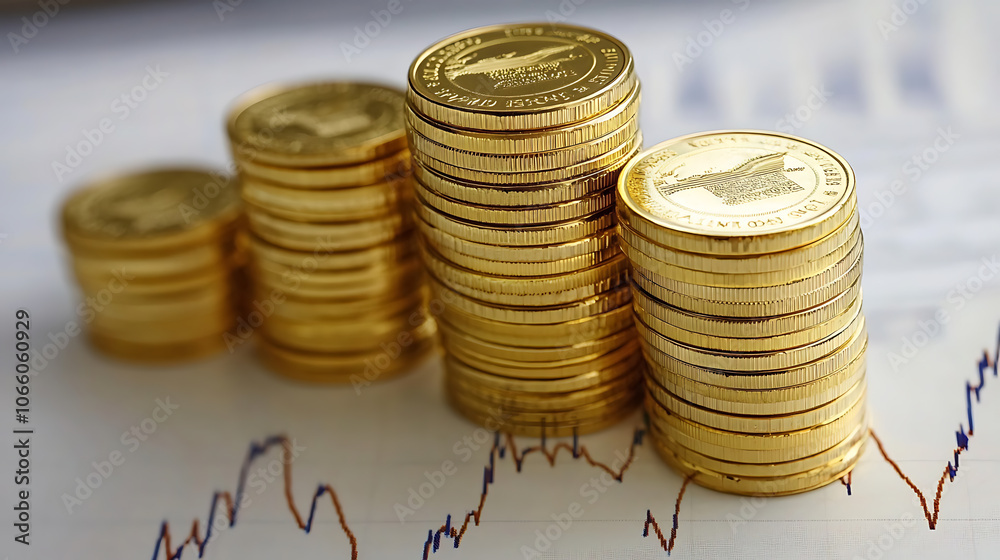 Aufkleber Stacks of gold coins with a rising stock chart in the background symbolize the increasing price of gold