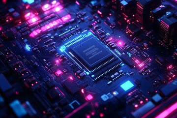 Obraz premium 주황색 빛을 내는 복잡한 전자 회로와 전자칩셋들이 있는 최신기술을 사용한 전자 기판 위에 고성능 CPU가 있습니다.