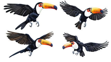Obraz premium Toco Toucans Flying in Various Positions in a Rainforest Setting Generative AI