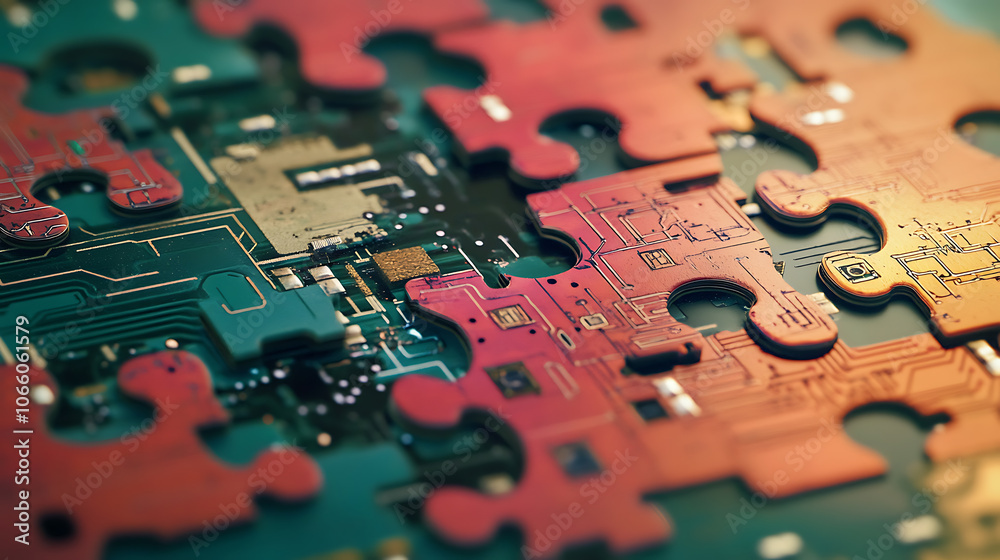 Poster Puzzle pieces with circuit patterns symbolizing microservices integration